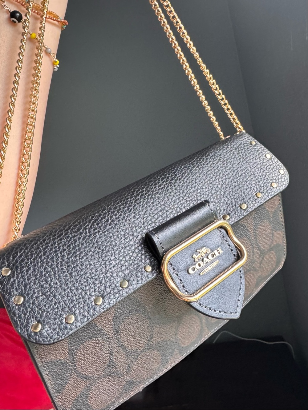 Coach Morgan  Signature Leather and Canvas Shoulder Bag in Black